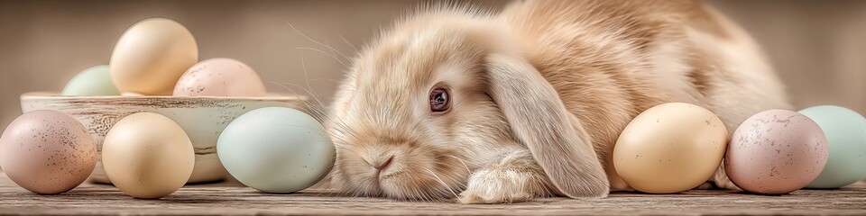Fototapeta premium Rabbit resting among Easter eggs and detox products banner. Rabbit observing pastel Easter eggs and natural wellness bottles with a spa towel
