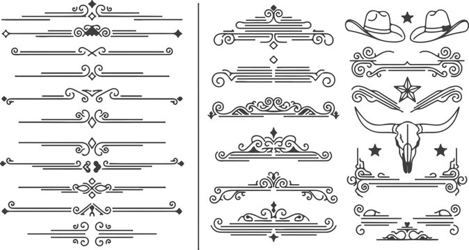 Old western style decorative line dividers vector set. Vintage ornamental border elements