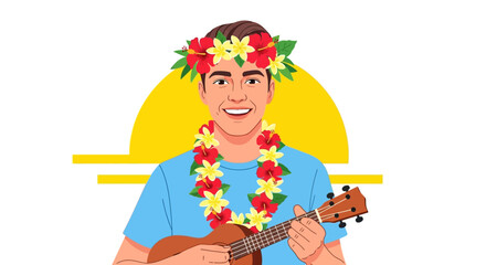 Joyful Man Playing Ukulele, Adorned with Hawaiian Lei & Floral Crown - Tropical Summer Music Illustration © Dreamine