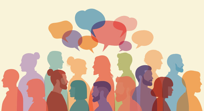 Diverse Community Communication: Colorful People Silhouettes with Speech Bubbles for Social Dialogue, Idea Exchange & Group Discussion