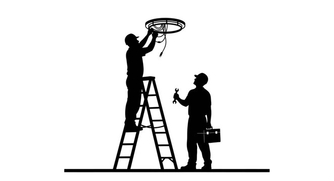 Two workers install satellite on ladder with tools