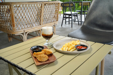 Cafe Snack Set with French Fries, Fried Tofu and Iced Coffee