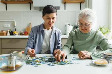 Middle-aged caregiver volunteer taking care of lonely retired lady, spending leisure time together playing puzzle games at kitchen table as attention stimulation method for dementia treatment © shurkin_son
