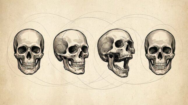Hand drawn orange skulls on black concept. Illustration of four skulls in various expressions and angles.
