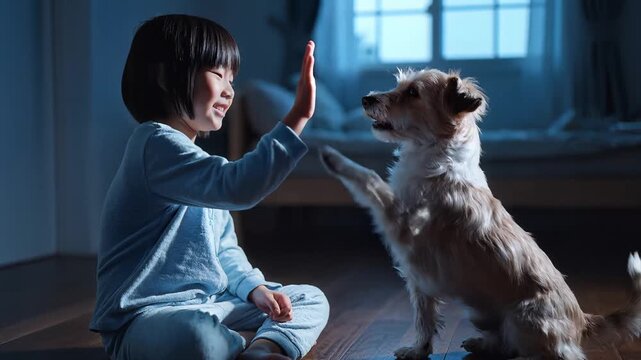 Evening bond with Pup: A young child joyfully interacts with his loyal canine companion, exchanging a heartfelt high-five in the soft glow of twilight. A moment of pure affection.