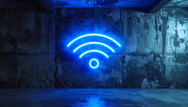 Blue neon Wi-Fi symbol on concrete wall