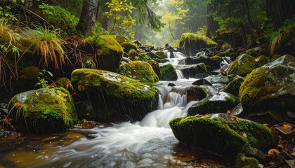 Obraz premium Forest stream flowing over mossy rocks in lush green woodland with natural sunlight
