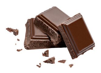 Dark chocolate pieces with crumbs isolated on transparent background