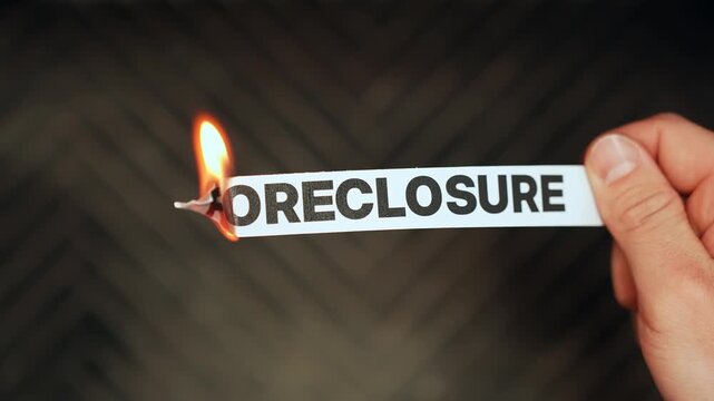 Close-up of a hand holding a paper strip labeled &ldquo;FORECLOSURE&rdquo; as the edge burns with flame on a dark background. Mortgage default and housing crisis concept with copy space.