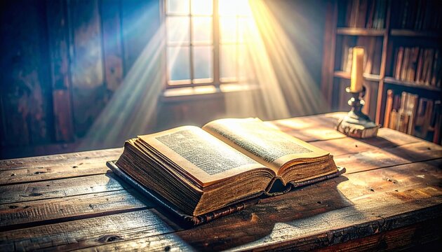 Old book open on wooden table with sunlight