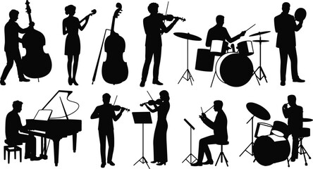 Silhouettes of musicians playing instruments, orchestra band, pianist, violinists, drummers, cellists, musical performance, classical music, concert, live music, music group, artistic expression. © meri999