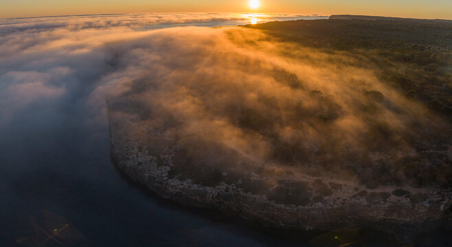 Beltr&aacute;n cove and the coast of Cala Pi covered by fog, llucmajor, Mallorca, Balearic Islands, Spain
