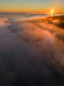 Beltr&aacute;n cove and the coast of Cala Pi covered by fog, llucmajor, Mallorca, Balearic Islands, Spain