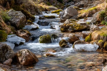 Mountain stream flowing over rocks with melting ice