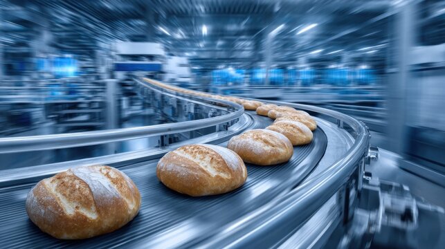 Fresh bread loaves on industrial conveyor belt in modern bakery factory