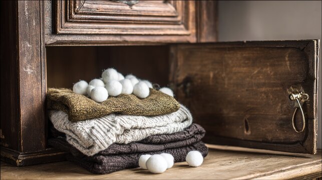 camphor. White camphor balls placed inside an antique wooden wardrobe with folded clothing. menu design, packaging mockups, designed for food delivery and cloud-kitchen brand materials.