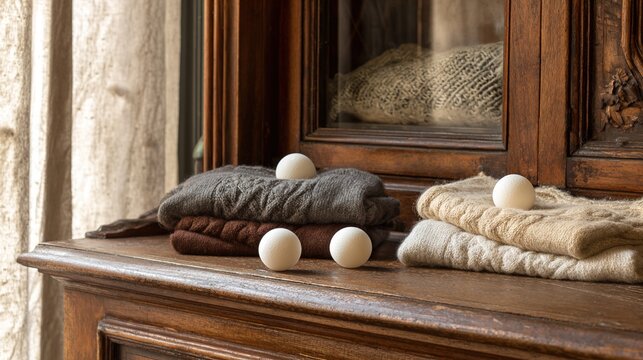 camphor. White camphor balls placed inside an antique wooden wardrobe with folded clothing. menu design, packaging mockups, designed for food delivery and cloud-kitchen brand materials.