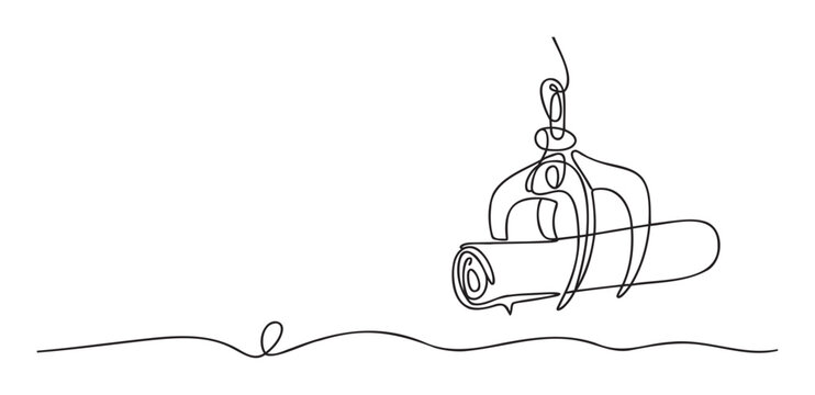 Continuous line drawing of an industrial grabber machine lifting a rolled log, representing forestry, recycling, or heavy machinery operations for technology and environmental themed