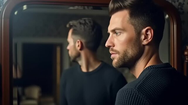 A confident and stylish man observes his sharp reflection in an ornate mirror, taking a moment for thoughtful self-reflection and personal assessment