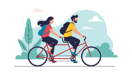 Fototapeta premium Happy young couple riding a red tandem bicycle together through a beautiful park with green trees and abstract cloud background.