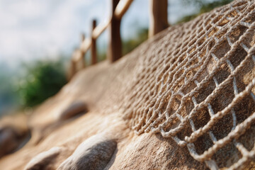 Naklejka premium Erosion Control Mesh on Sandy Slope with Wooden Fence for Environmental