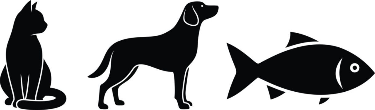 Black silhouette of a sitting cat a standing dog and a fish