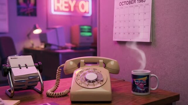Retro office desk with a rotary telephone, roladex, and a steaming mug, inspired by 1980s aesthetic and vaporwave culture for a nostalgic workplace theme