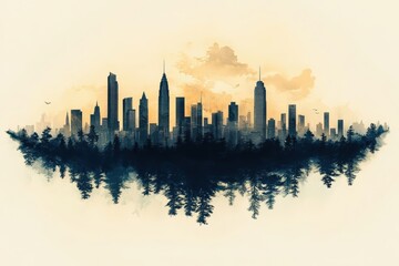 Fototapeta premium Minimalist skyline silhouettes at sunset with forest reflection in warm tones