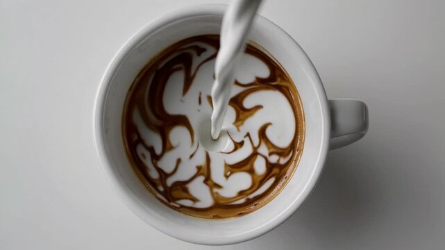 Coffee cup filled with dark liquid as white milk is poured in, creating swirling patterns in the beverage, shot from above on a clean surface