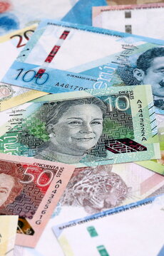 Peruvian sol money bills pile on table. Peru banknotes of PEN currency close up.