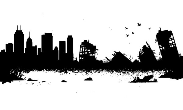  Dark Apocalyptic City Skyline Silhouette with Collapsed Buildings, Fallen Skyscrapers, and Flying Birds in a Grunge Post-Apocalyptic Urban Destruction Scene