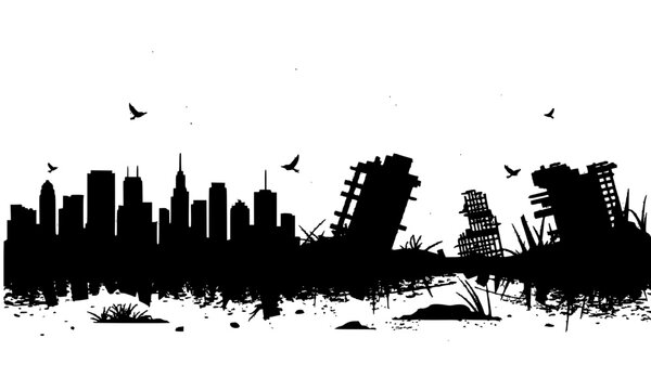 Apocalyptic Destroyed City Skyline Silhouette with Ruined Buildings, Crumbling Skyscrapers, and Monster Shadow in a Grunge Post-Apocalyptic Urban Wasteland Scene