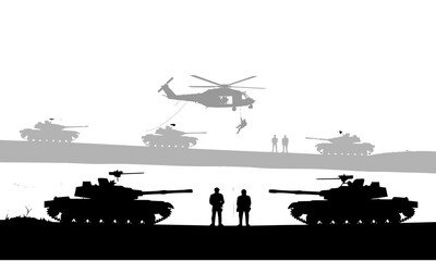 Fototapeta premium Military silhouette scene featuring battle tanks, combat helicopter, and soldiers on a warzone battlefield, depicting modern armed forces in a dramatic black and white vector illustration