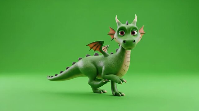 Cute green cartoon dragon character dancing and playing on a green screen background
