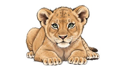 Obraz premium A young lion cub resting peacefully on a grassy landscape under a clear blue sky isolated on white background