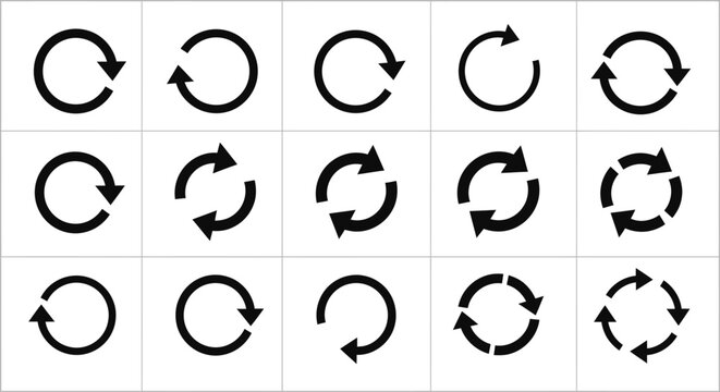 A grid illustration showcasing diverse arrow circular icons in varying rotating formations and