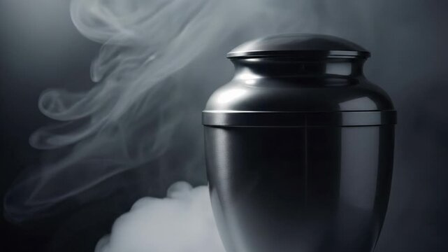 Melancholy Smoke Swirls Around a Metallic Urn, Funeral, Grief, Remembrance Concept