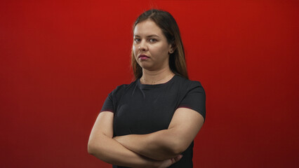 Obraz premium Woman young caucasian with arms crossed and a stern expression, wearing black shirt and direct gaze in red studio; annoyance.