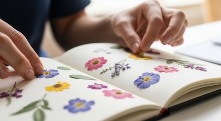 Fototapeta premium Hands carefully place pressed colorful flowers onto pages of an open journal, highlighting a creative nature hobby and botanical art project.