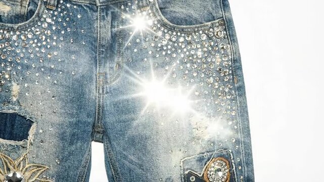 Distressed blue denim jean with sparkling rhinestone embellishments and ornate embroidery. Fashionable apparel with a luxurious and glittering design concept