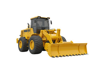 Obraz premium Yellow construction loader working on a construction site with machinery in the background isolated on white background