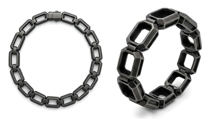 Showcasing Two Black Chain Necklaces in Flat Illustration and Realistic 3D View with Contrast on White Background