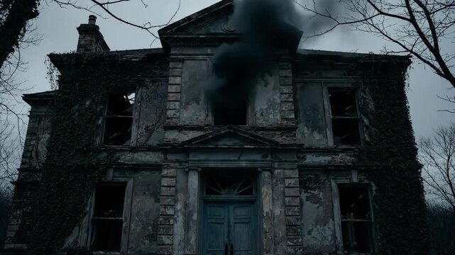 Creepy abandoned house with broken windows and ivy, representing decay and ruin.