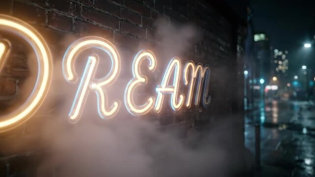 Neon sign spelling dream on a brick wall with streetlights and reflections, displaying a misty effect. Night scene for urban, abstract visual
