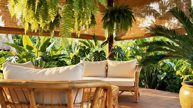 Tropical patio interior blending indoor-outdoor vibes, hanging ferns swaying, rattan furniture shifting positions, sunlight dappling through woven shades.