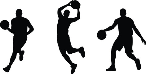 Basketball player silhouettes, slam dunk action, dribbling motion, dynamic sports illustration, athletic energy, competitive game, black silhouettes, white background design © Taibur