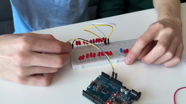 Young caucasian man testing LED lights on breadboard connected to microcontroller, hands adjusting electronic circuit