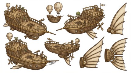 filled imaginary airship decks and fins clipart set perfect for posters social media graphics and web use isolated on white background