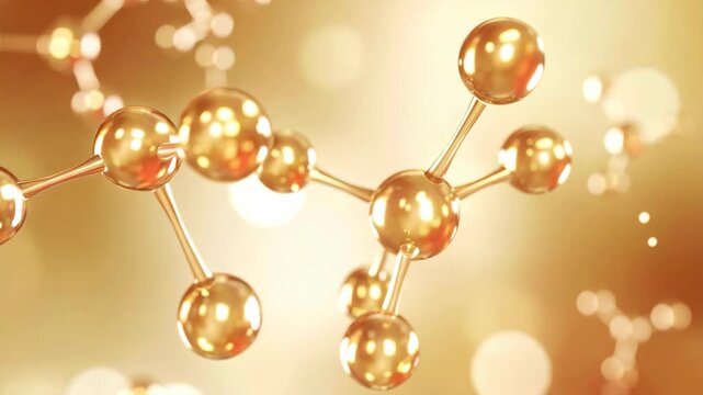 Abstract golden molecular structure rotating in a warm glowing atmosphere for science and beauty research