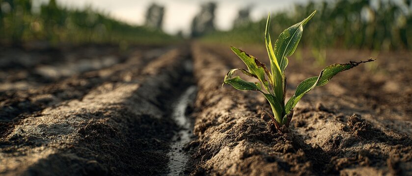 Cutworm Damage on Young Corn Seedling at Soil Line in Early Season Field